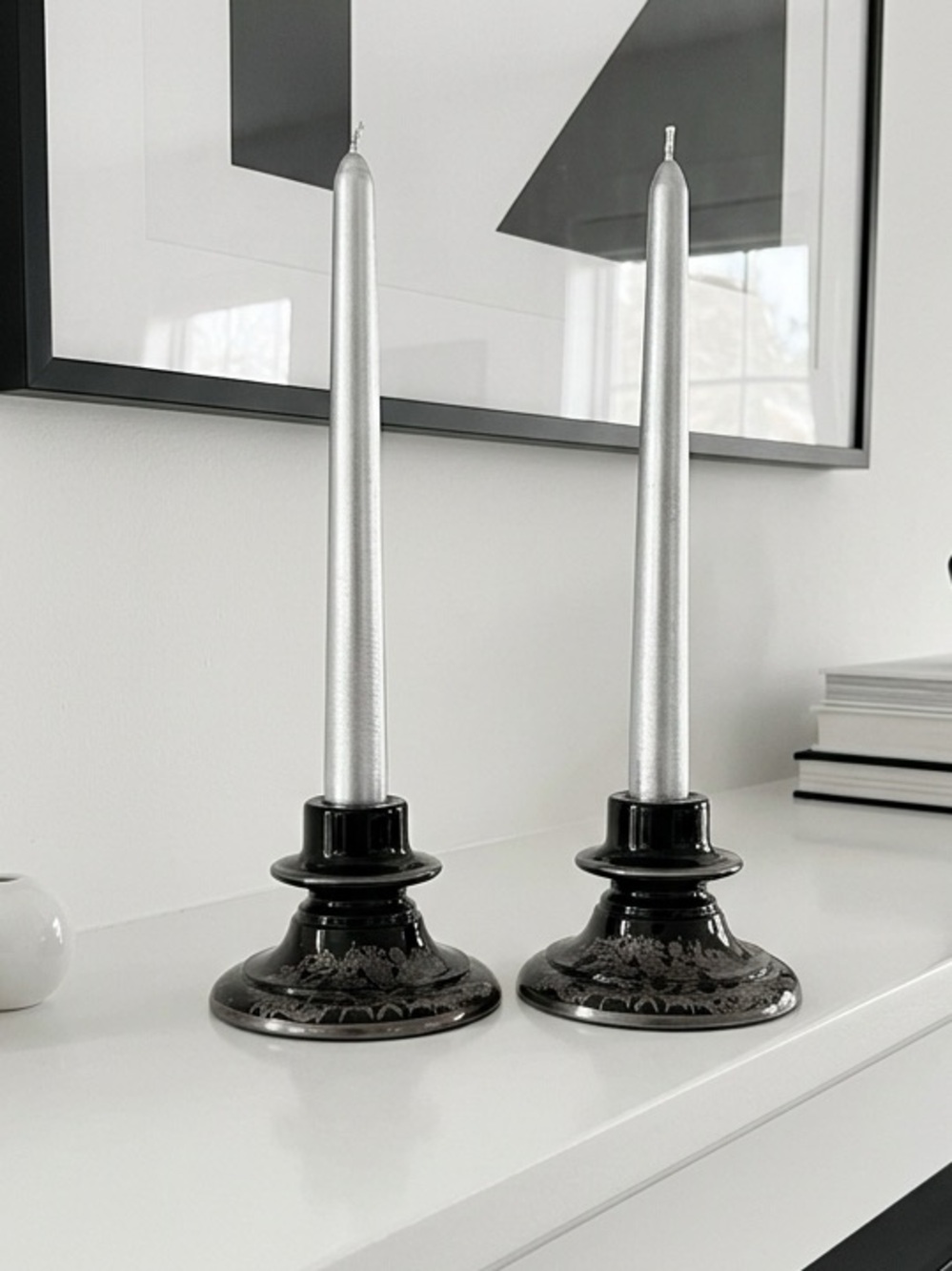 Pair Vintage Black Ebony Glass Taper Candle Holders Silver Filigree Art Deco